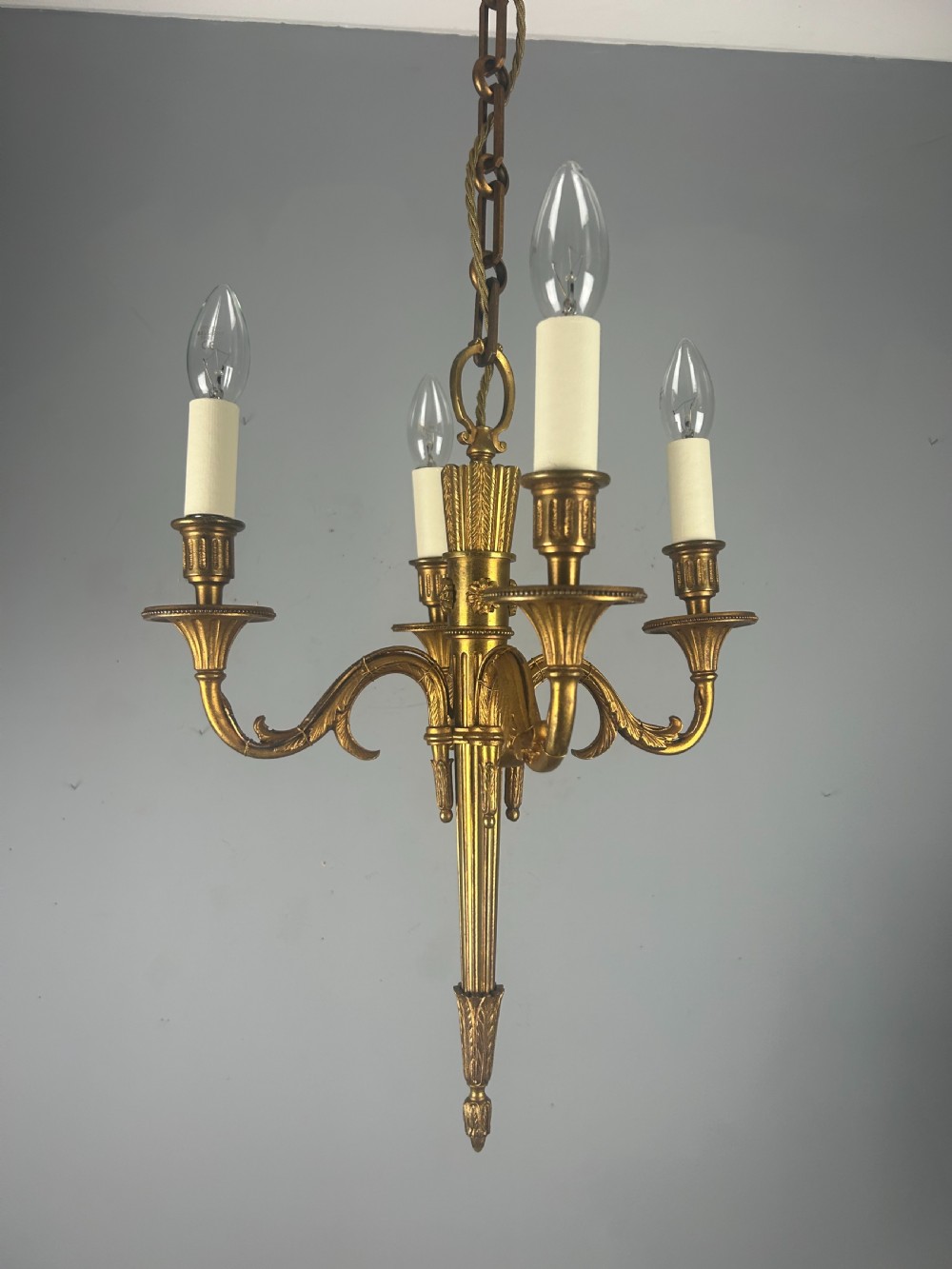 French Empire 4 Arm Gilt Brass Antique Chandelier, Ceiling Light View XI