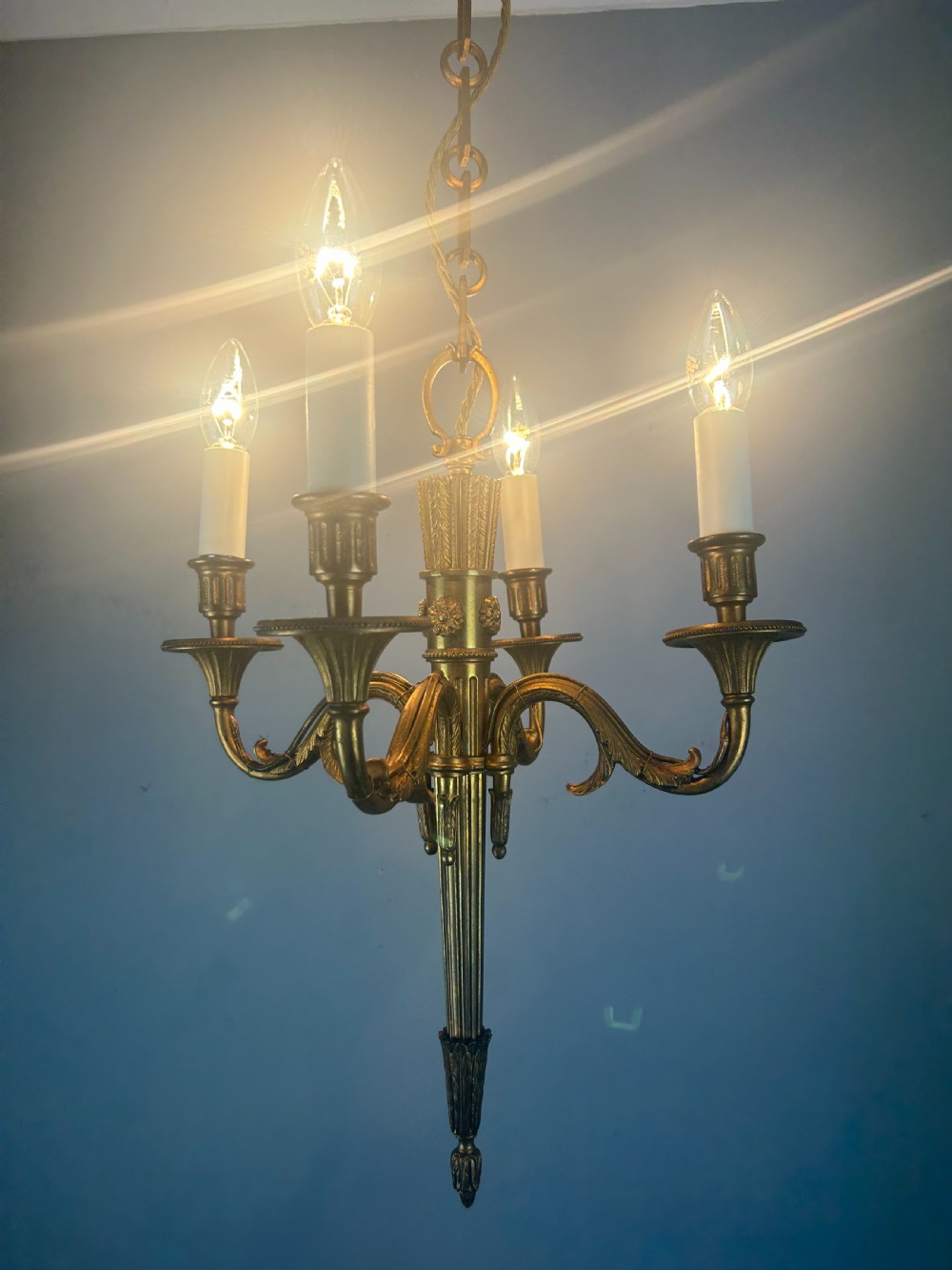 French Empire 4 Arm Gilt Brass Antique Chandelier, Ceiling Light View XII