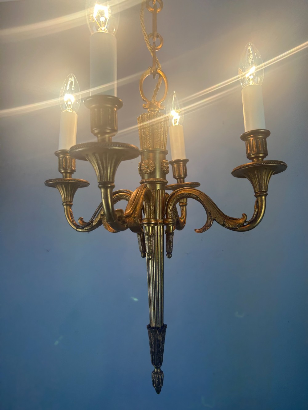 French Empire 4 Arm Gilt Brass Antique Chandelier, Ceiling Light View XIII