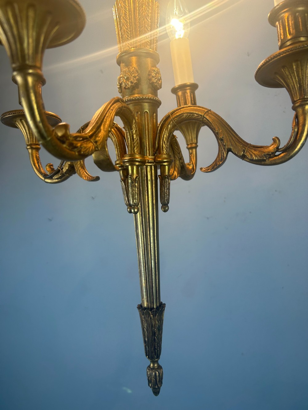 French Empire 4 Arm Gilt Brass Antique Chandelier, Ceiling Light View XIV