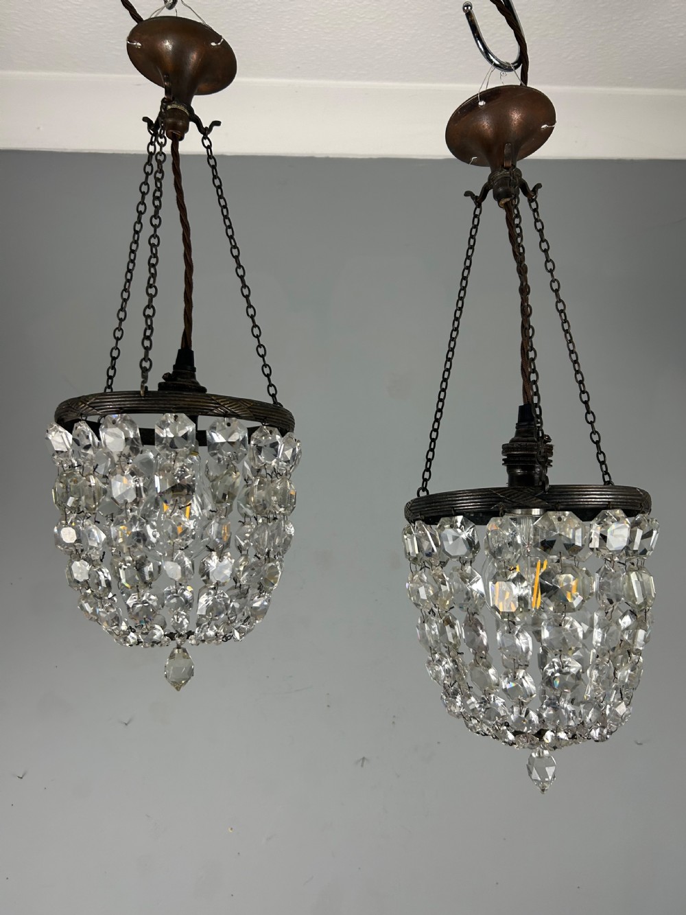 Pair of Dark Framed Crystal Lustre Chandelier, Ceiling Light