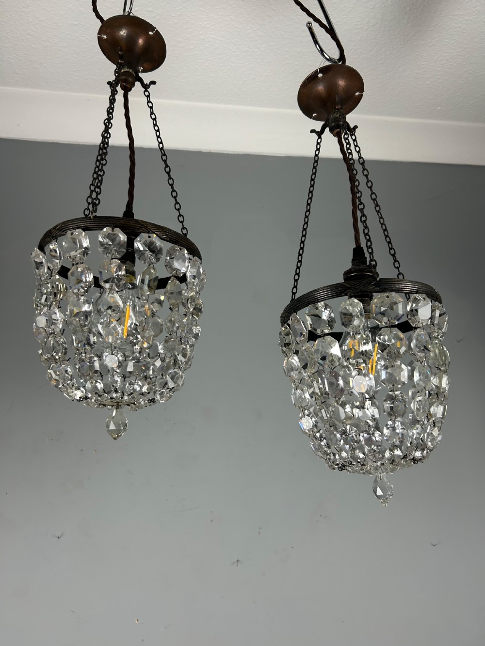 Pair of Dark Framed Crystal Lustre Chandelier, Ceiling Light View II