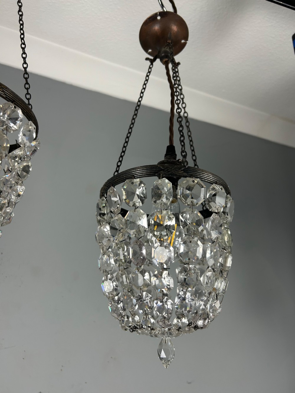 Pair of Dark Framed Crystal Lustre Chandelier, Ceiling Light View III