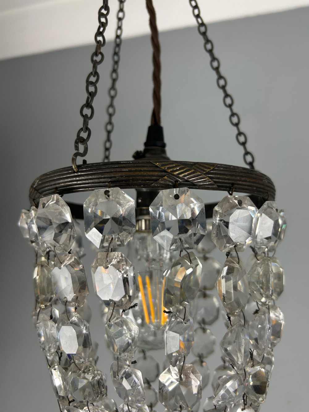 Pair of Dark Framed Crystal Lustre Chandelier, Ceiling Light View VI