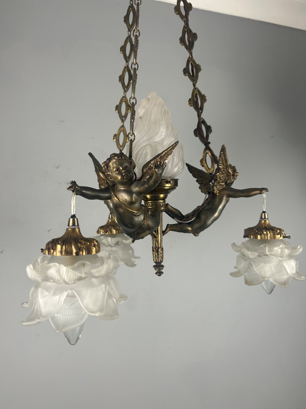 French Bronze 4 Light Cherub Chandelier  View II