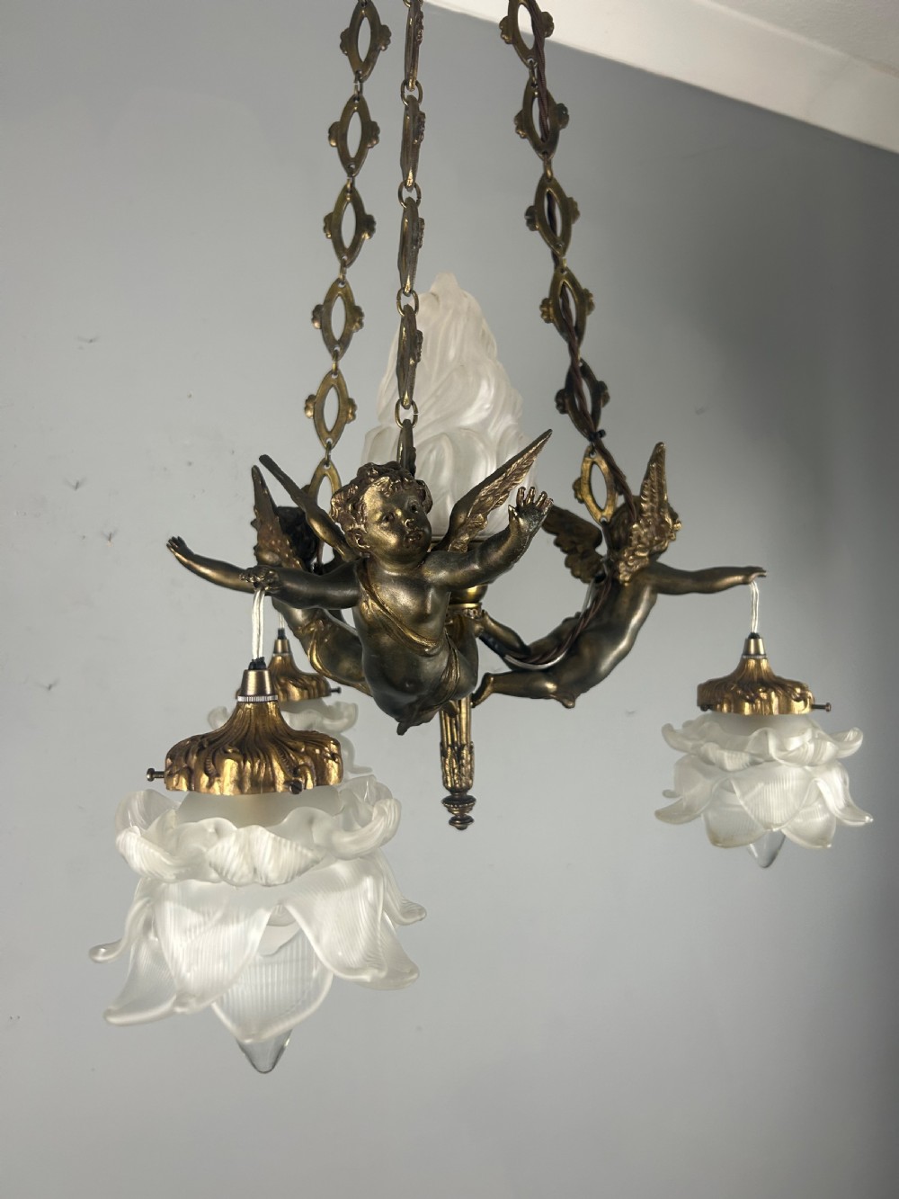 French Bronze 4 Light Cherub Chandelier  View III
