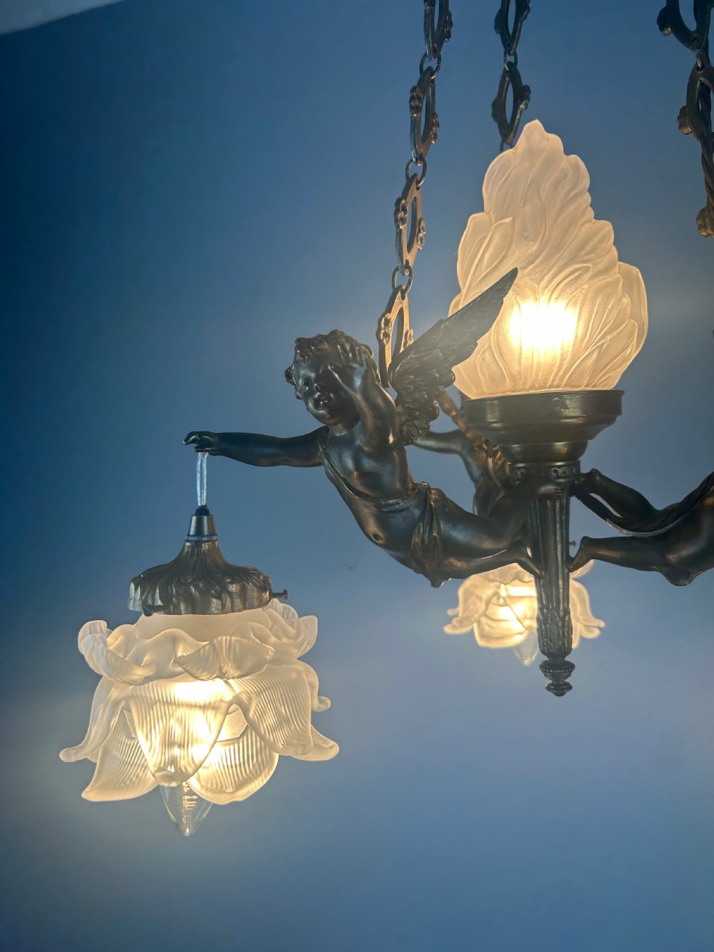 French Bronze 4 Light Cherub Chandelier  View IV