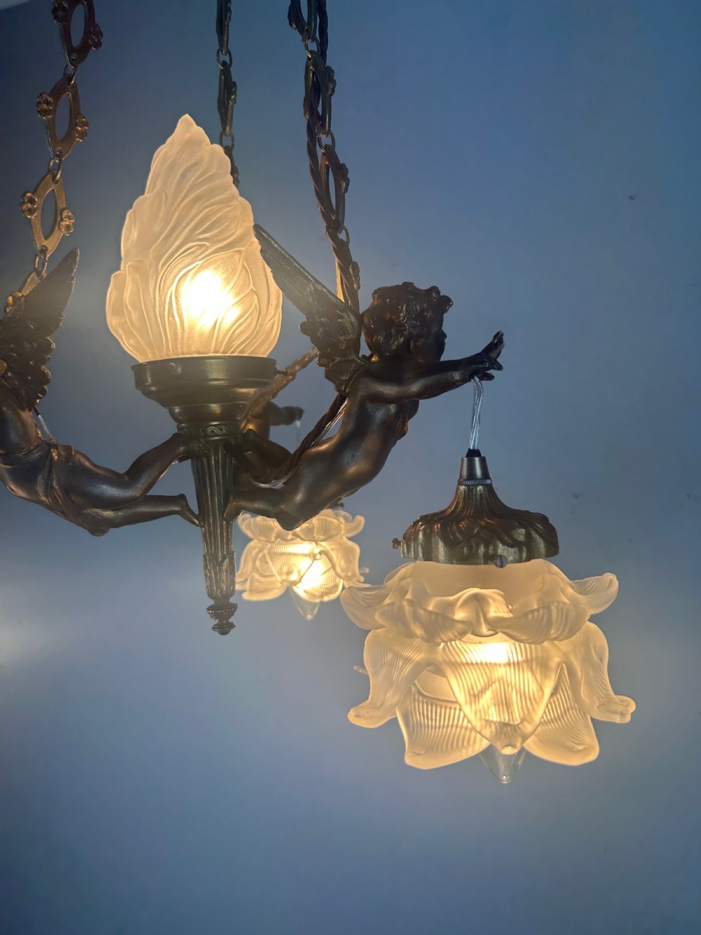 French Bronze 4 Light Cherub Chandelier  View V