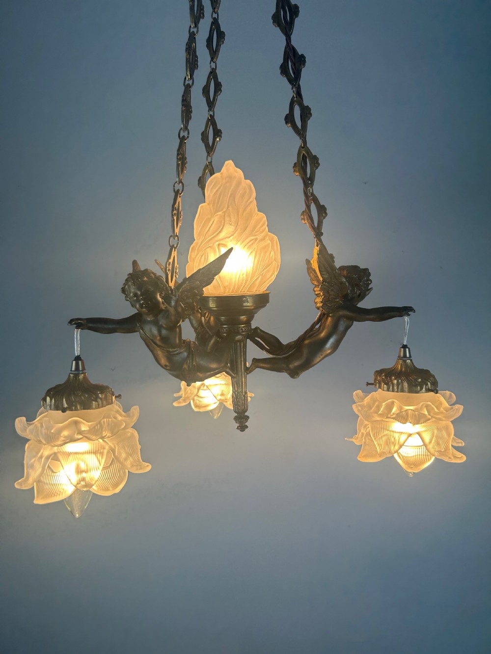 French Bronze 4 Light Cherub Chandelier  View VI