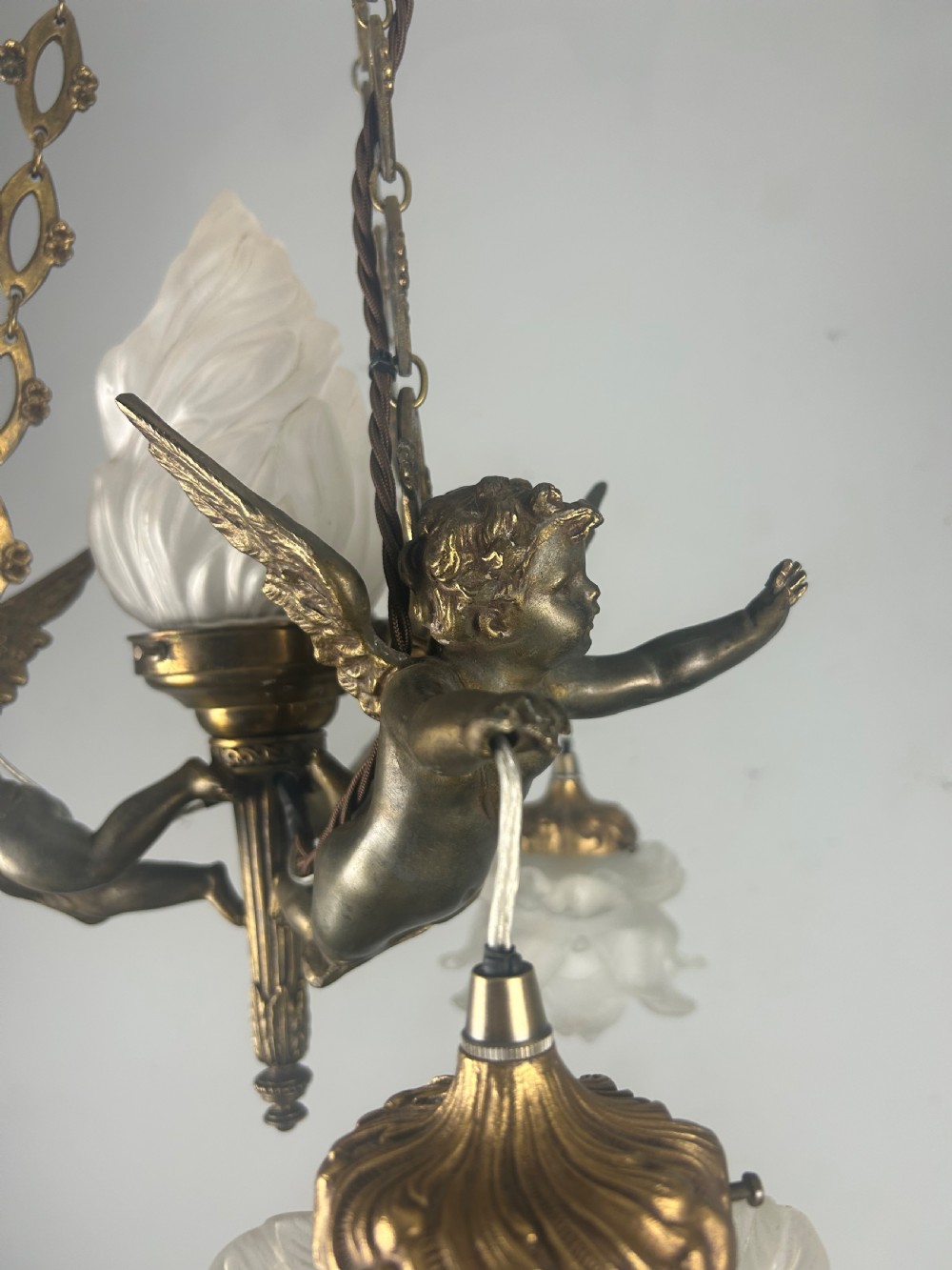 French Bronze 4 Light Cherub Chandelier  View X