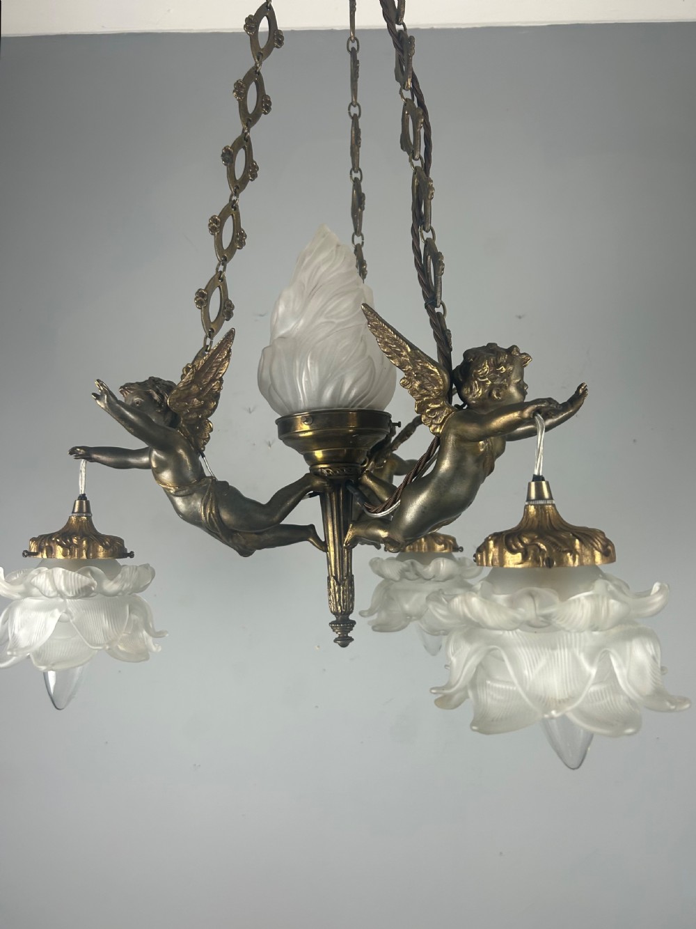 French Bronze 4 Light Cherub Chandelier  View XI