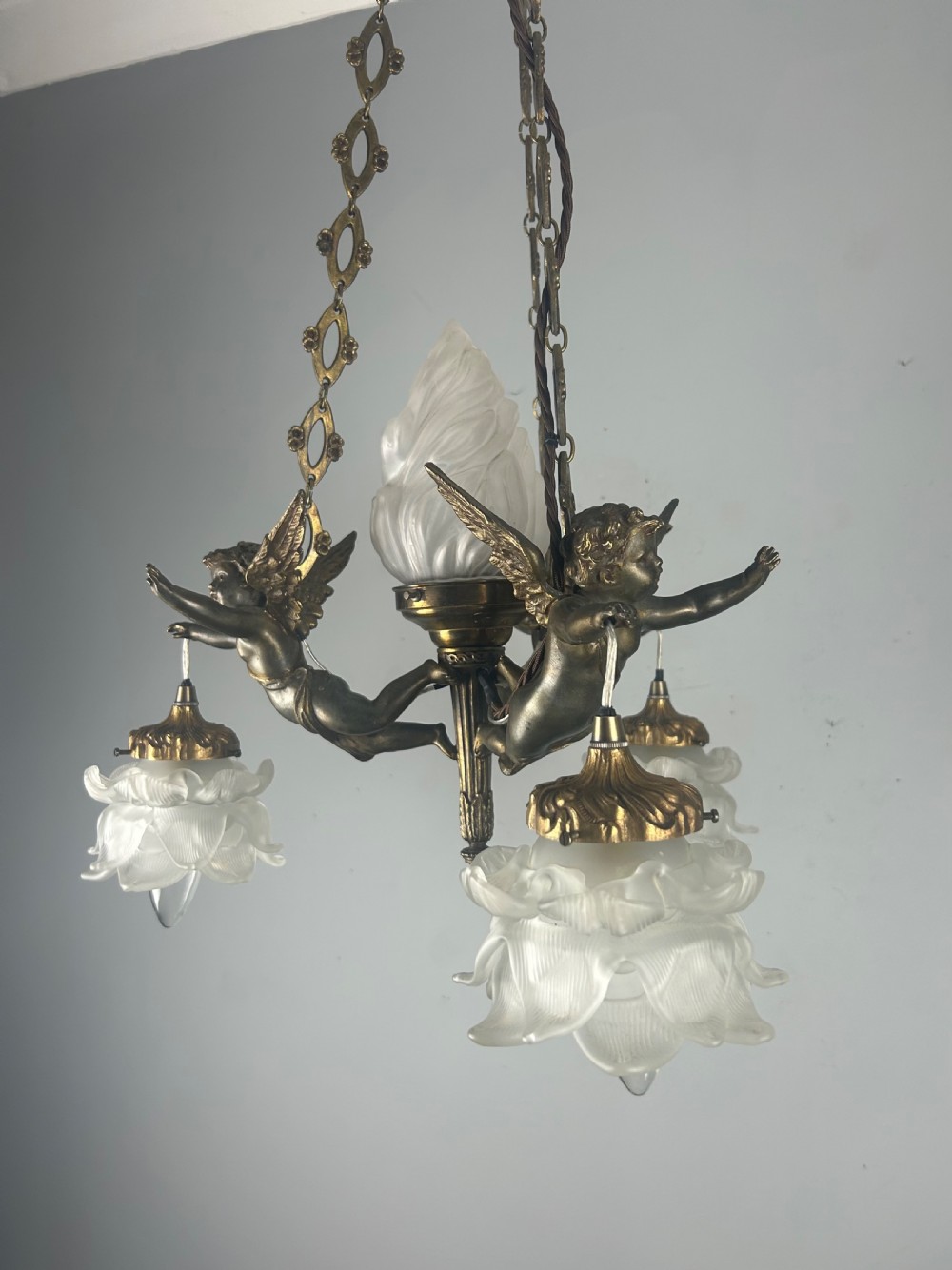 French Bronze 4 Light Cherub Chandelier  View XII