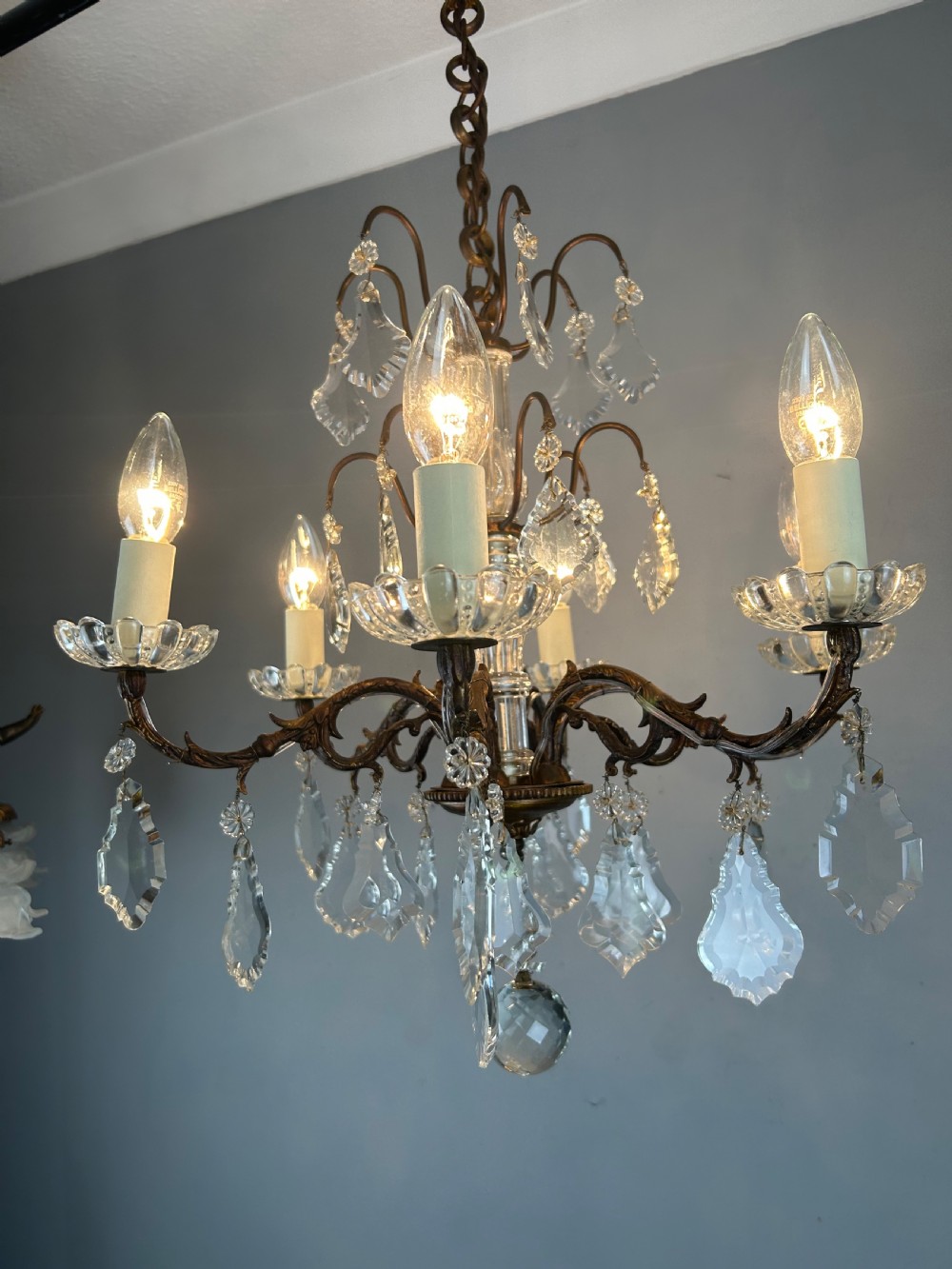 French Bronzed Crystal 6 Light Antique Chandelier  View V