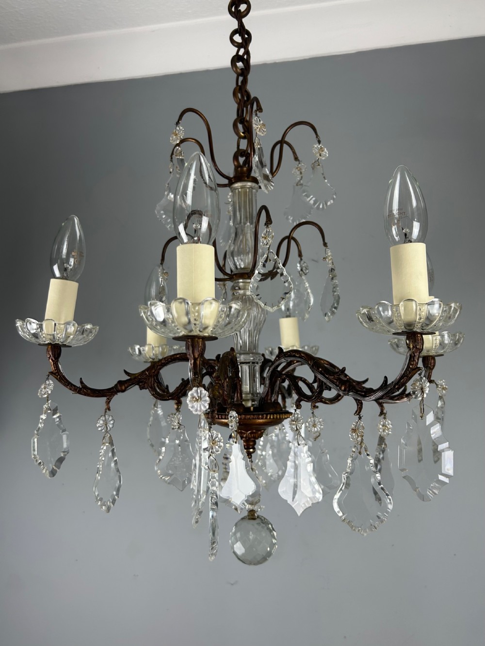 French Bronzed Crystal 6 Light Antique Chandelier  View X