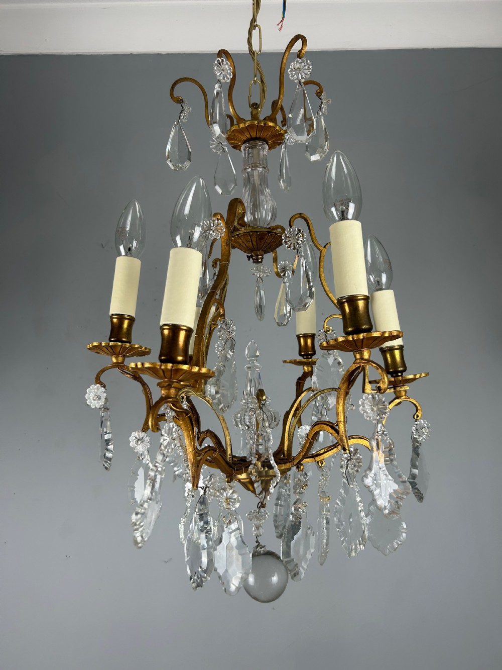 French 6 Light Gilt Brass Birdcage Crystal Chandelier 