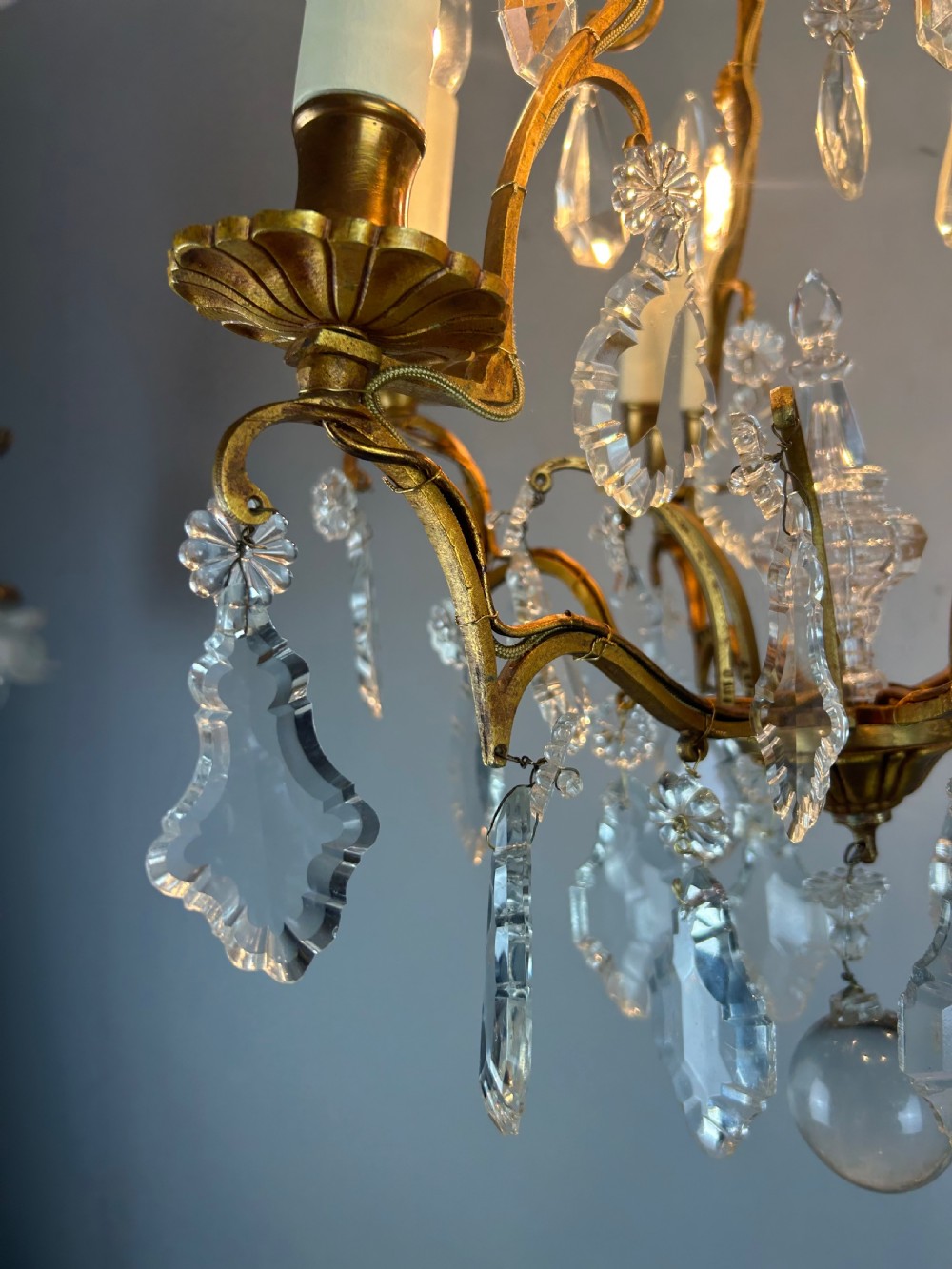 French 6 Light Gilt Brass Birdcage Crystal Chandelier  View III