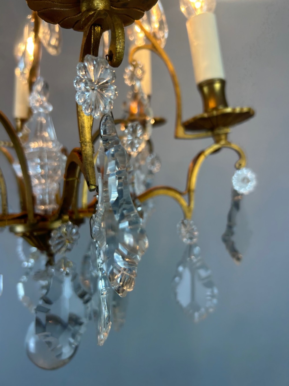 French 6 Light Gilt Brass Birdcage Crystal Chandelier  View IV