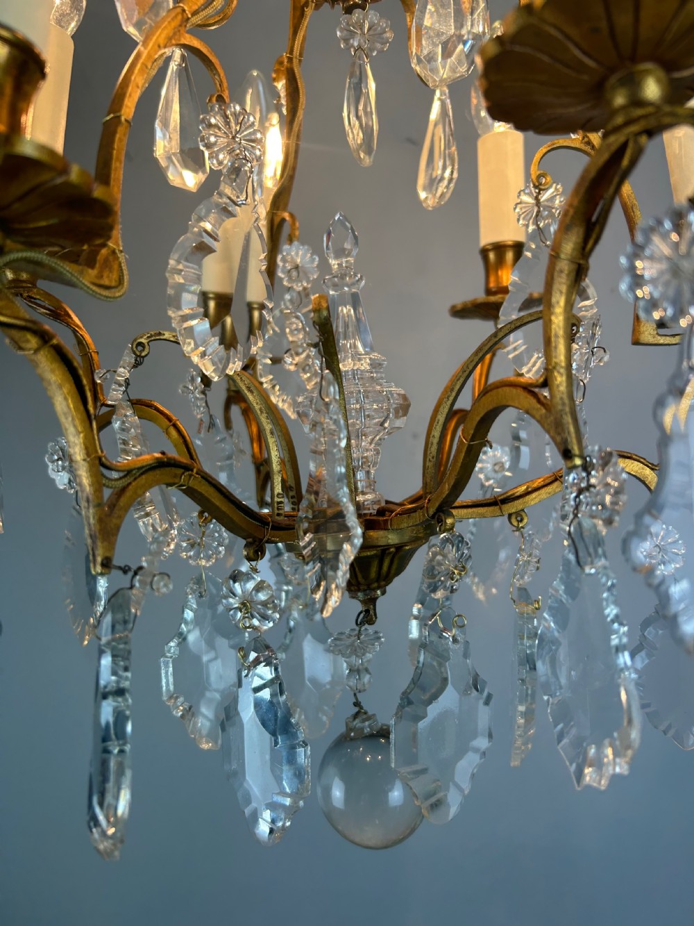 French 6 Light Gilt Brass Birdcage Crystal Chandelier  View V