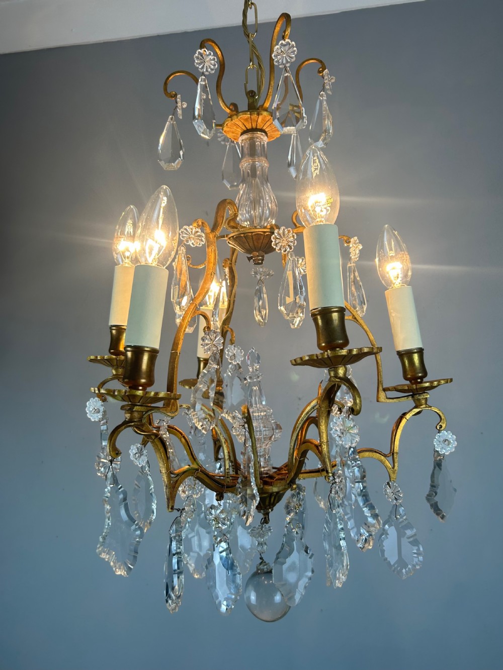 French 6 Light Gilt Brass Birdcage Crystal Chandelier  View VI