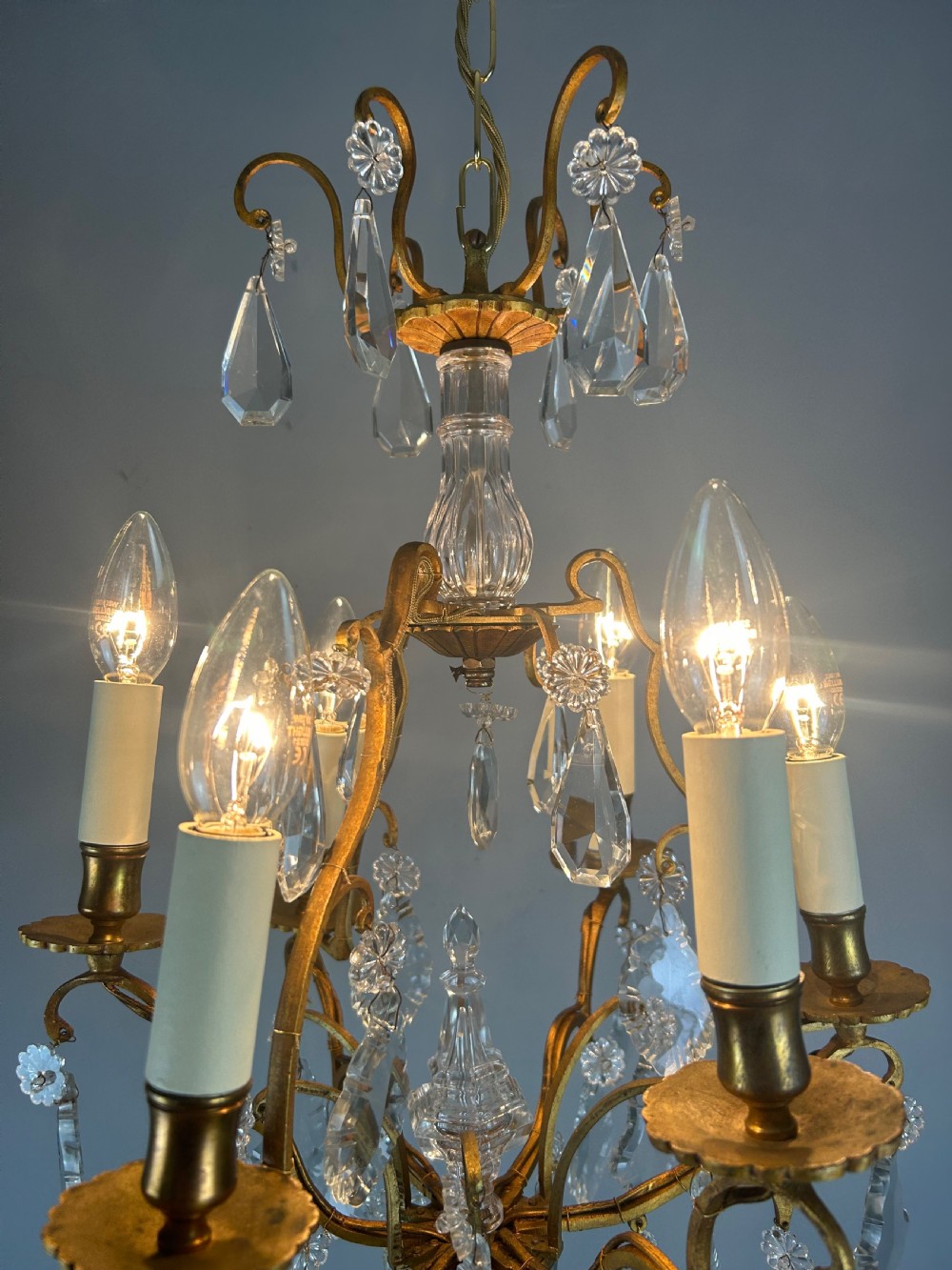 French 6 Light Gilt Brass Birdcage Crystal Chandelier  View VII