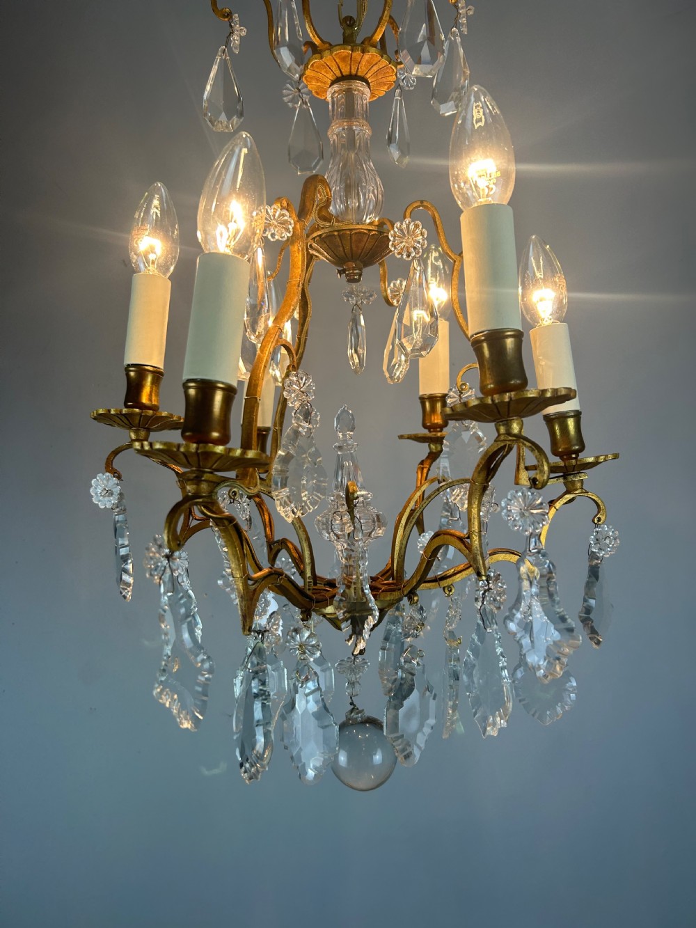 French 6 Light Gilt Brass Birdcage Crystal Chandelier  View VIII