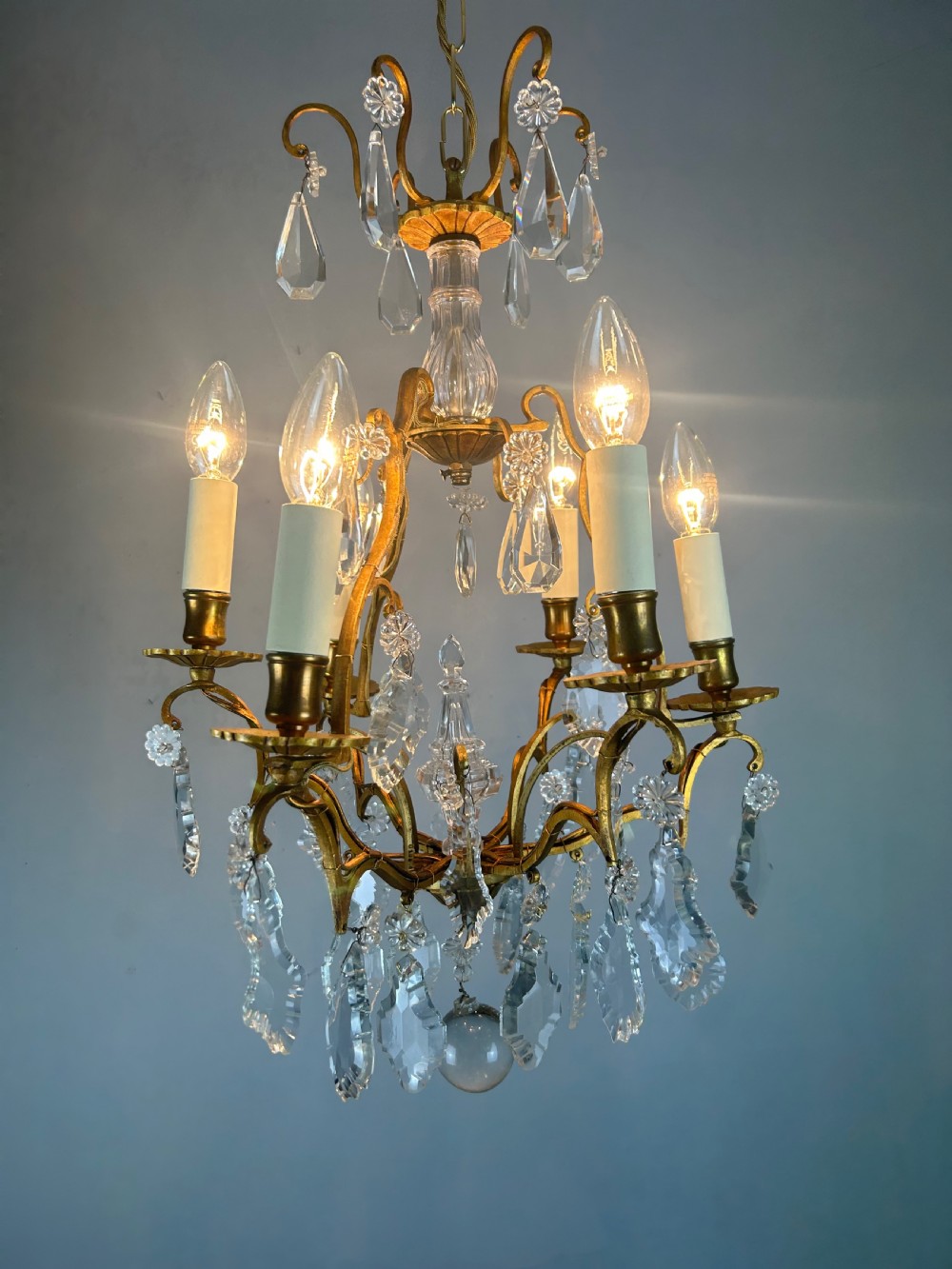 French 6 Light Gilt Brass Birdcage Crystal Chandelier  View IX