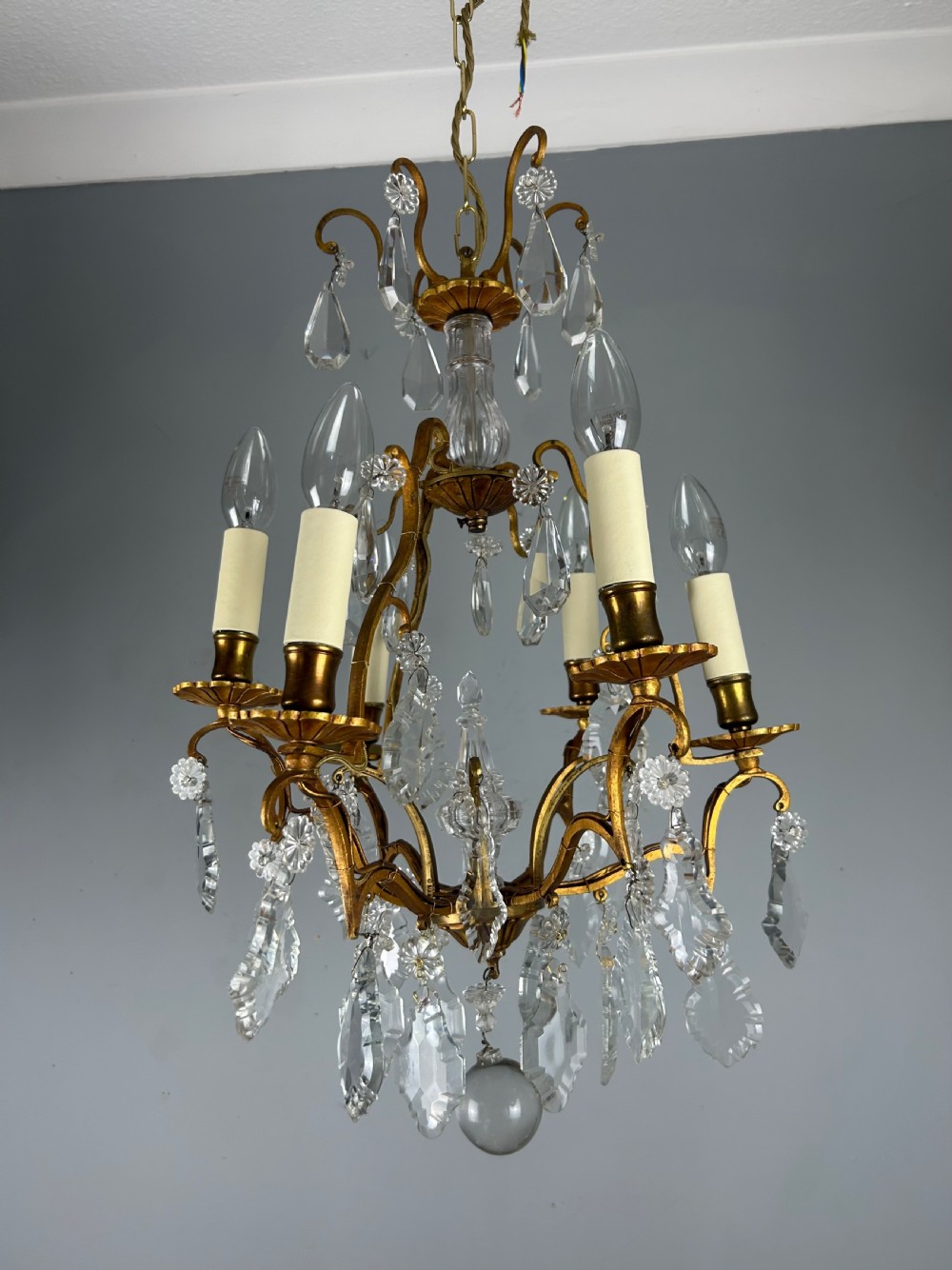 French 6 Light Gilt Brass Birdcage Crystal Chandelier  View X