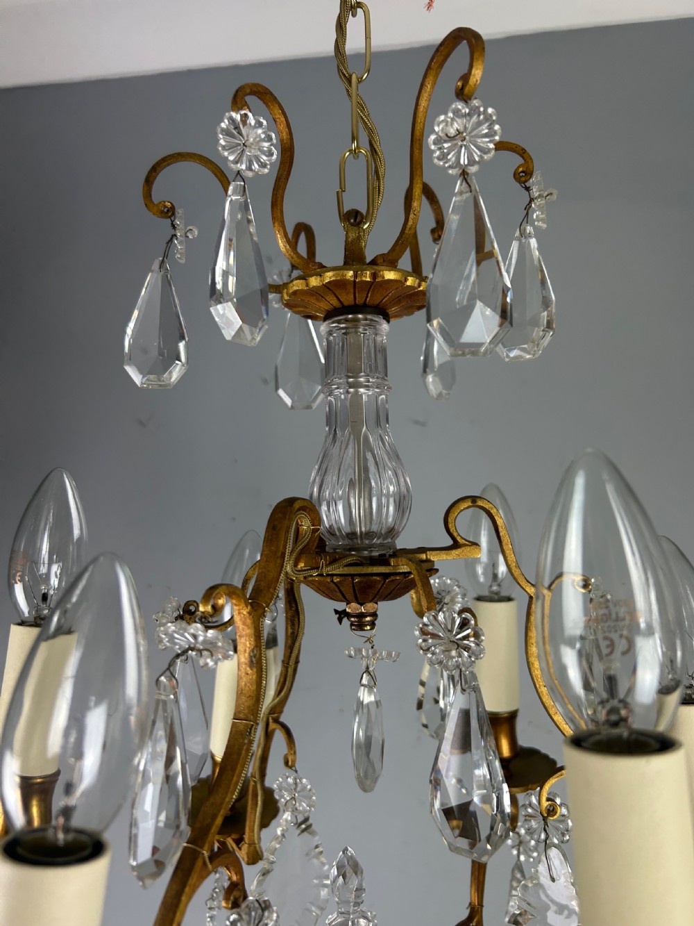 French 6 Light Gilt Brass Birdcage Crystal Chandelier  View XI