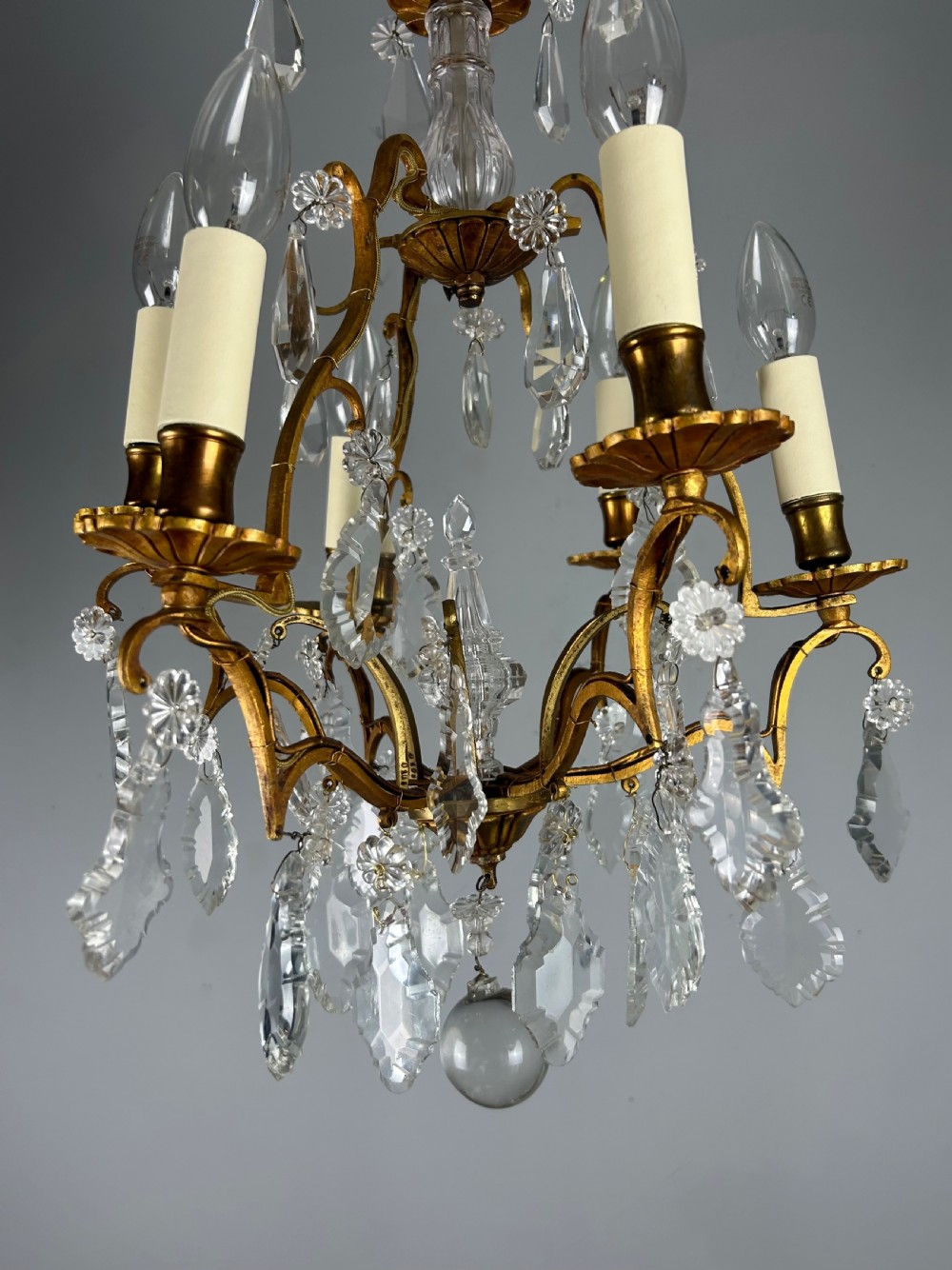 French 6 Light Gilt Brass Birdcage Crystal Chandelier  View XII