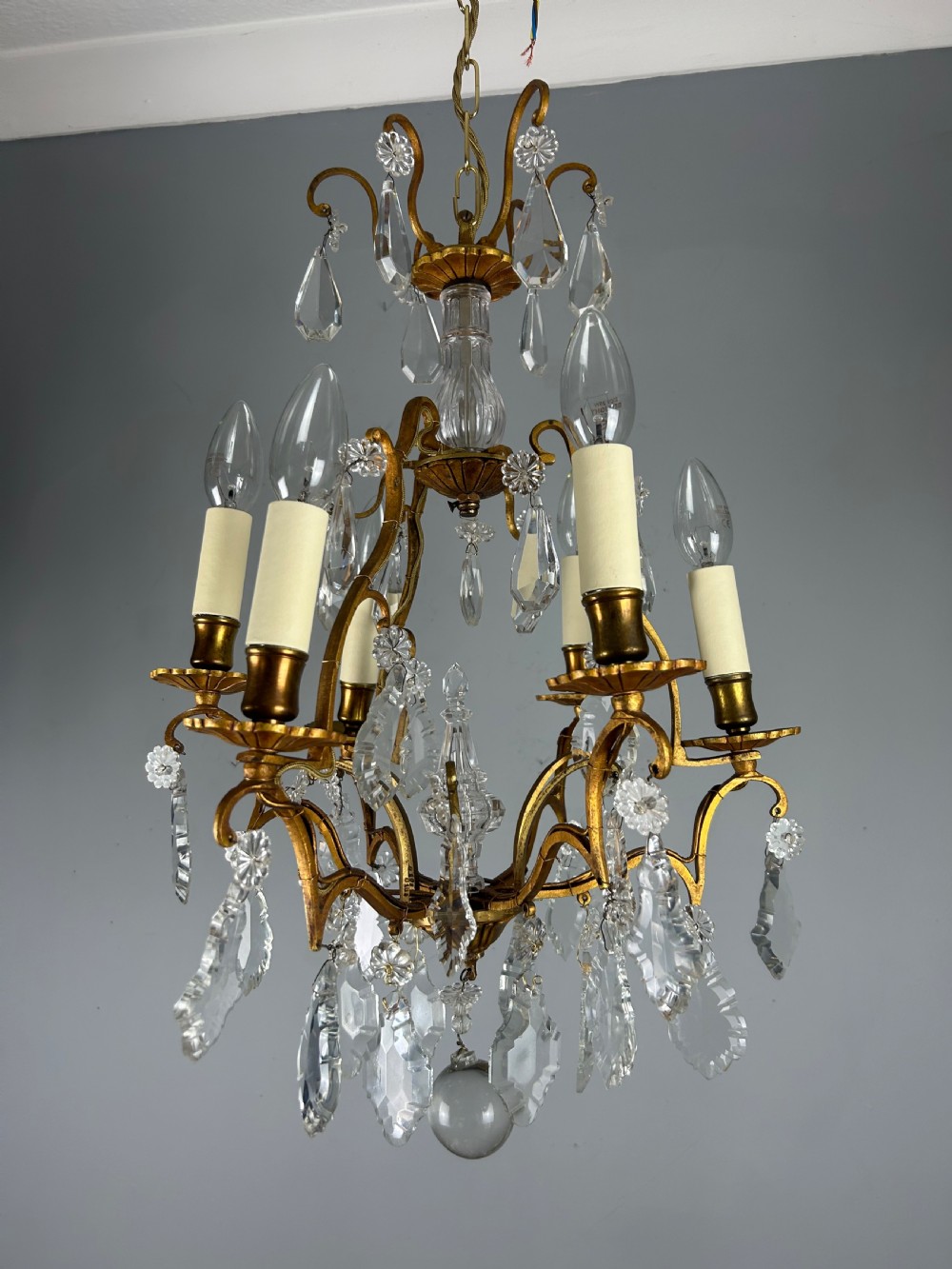 French 6 Light Gilt Brass Birdcage Crystal Chandelier  View XIII