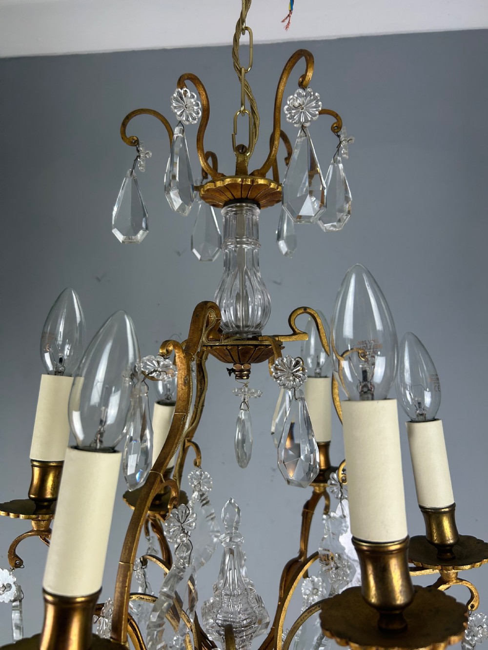 French 6 Light Gilt Brass Birdcage Crystal Chandelier  View XIV