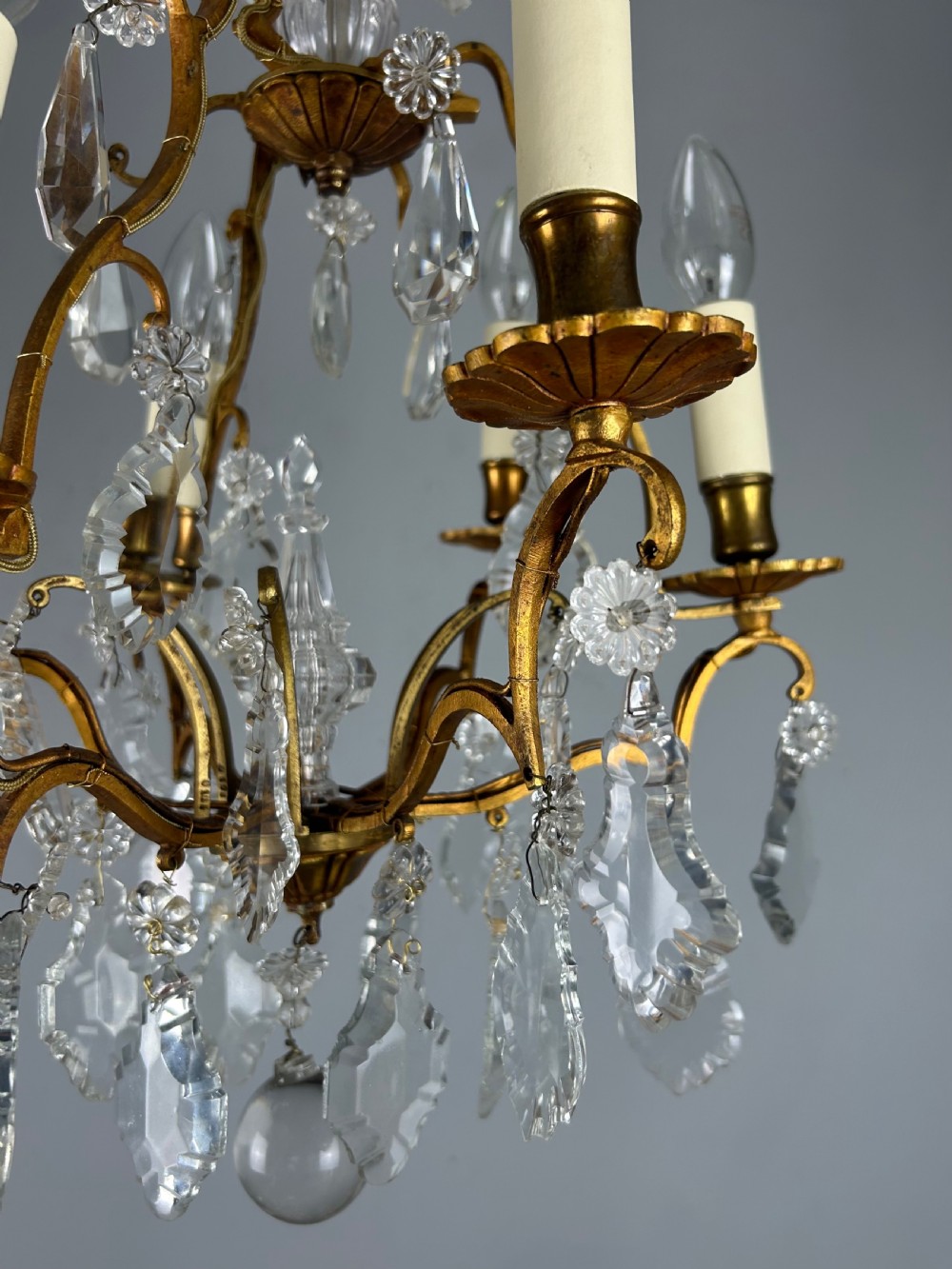 French 6 Light Gilt Brass Birdcage Crystal Chandelier  View XV