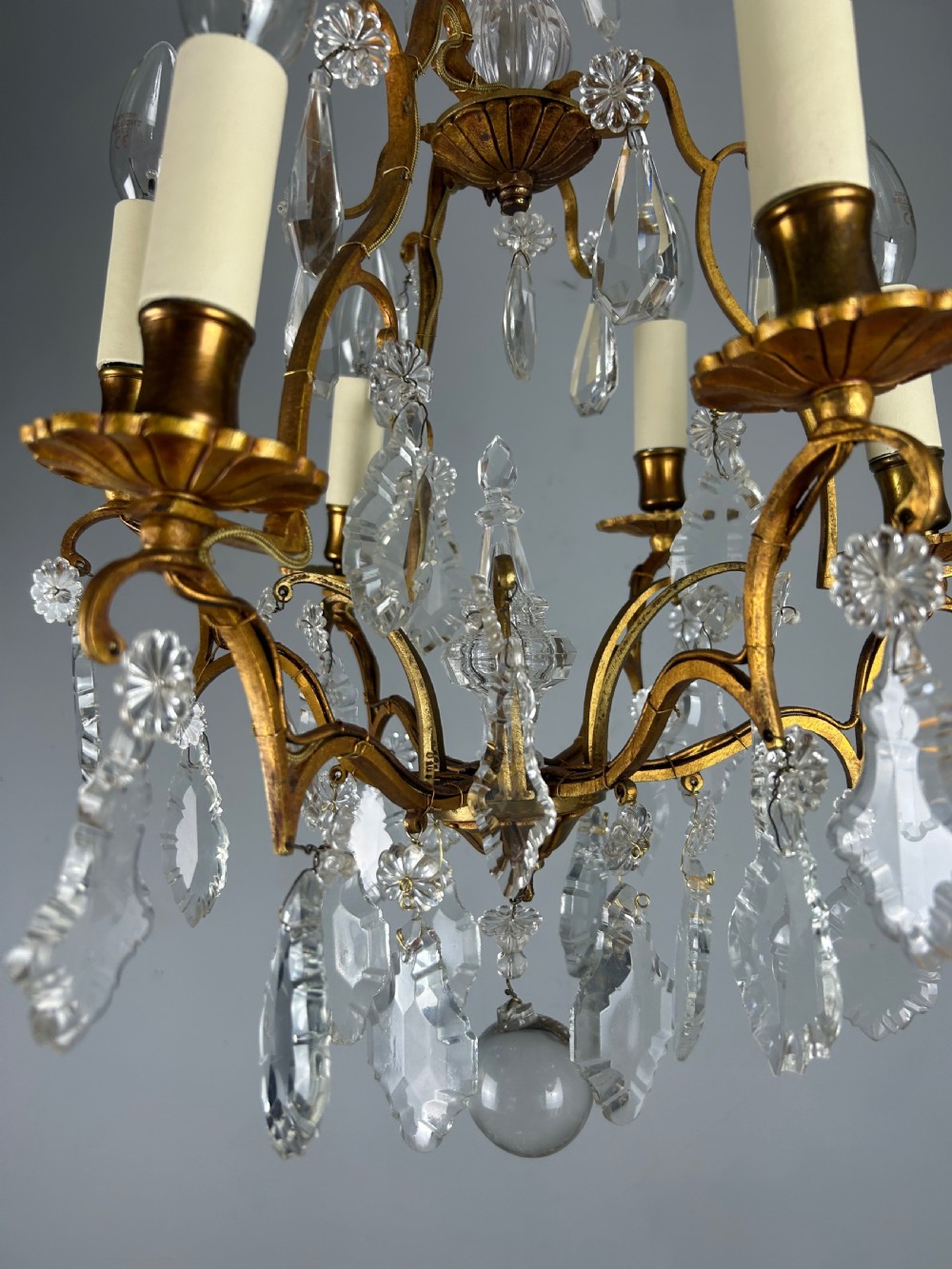 French 6 Light Gilt Brass Birdcage Crystal Chandelier  View XVI