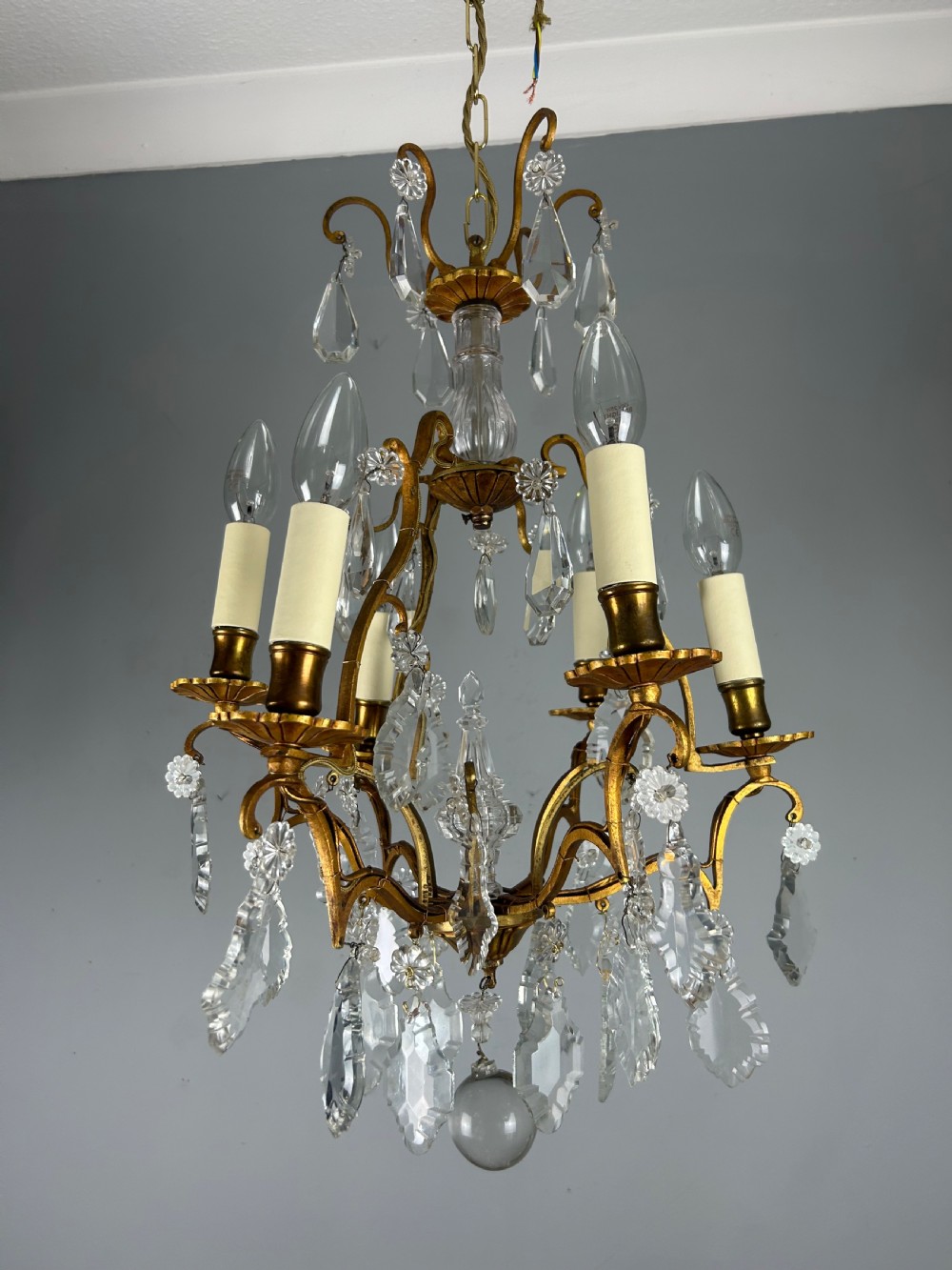 French 6 Light Gilt Brass Birdcage Crystal Chandelier  View XVII