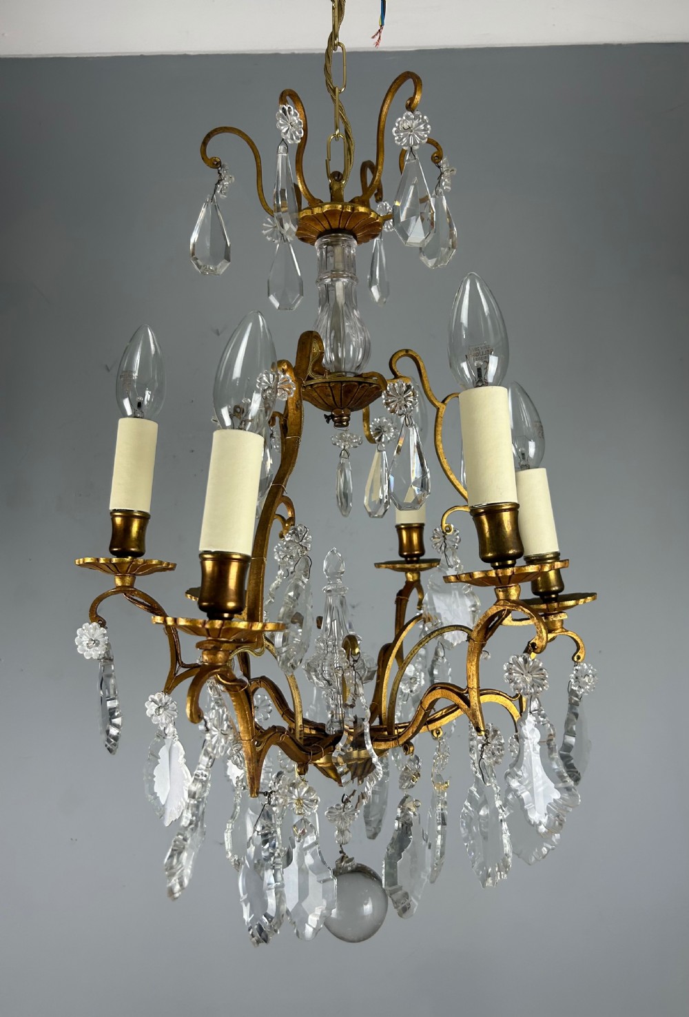 French 6 Light Gilt Brass Birdcage Crystal Chandelier  View XVIII