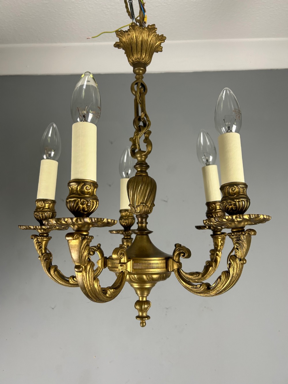 French Gilt Brass 5 Light Antique Chandelier 