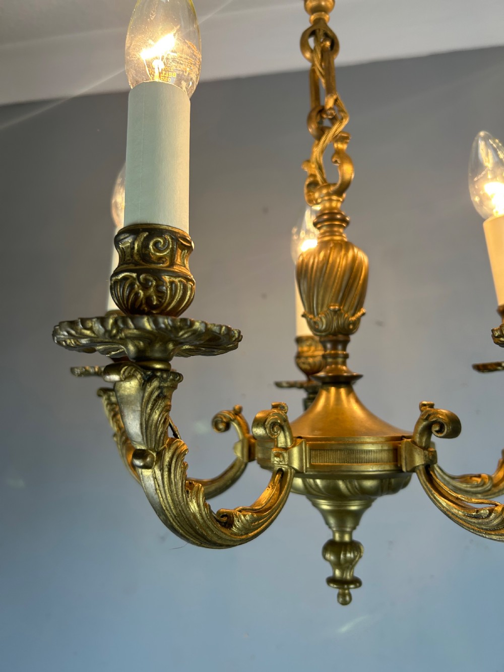 French Gilt Brass 5 Light Antique Chandelier  View II