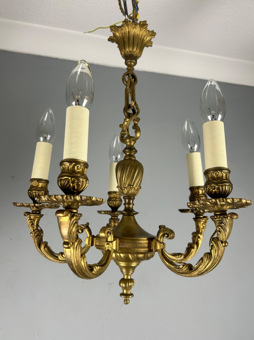 French Gilt Brass 5 Light Antique Chandelier  View IV