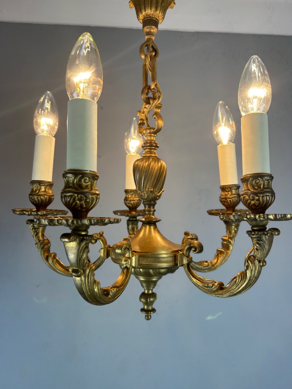 French Gilt Brass 5 Light Antique Chandelier  View V