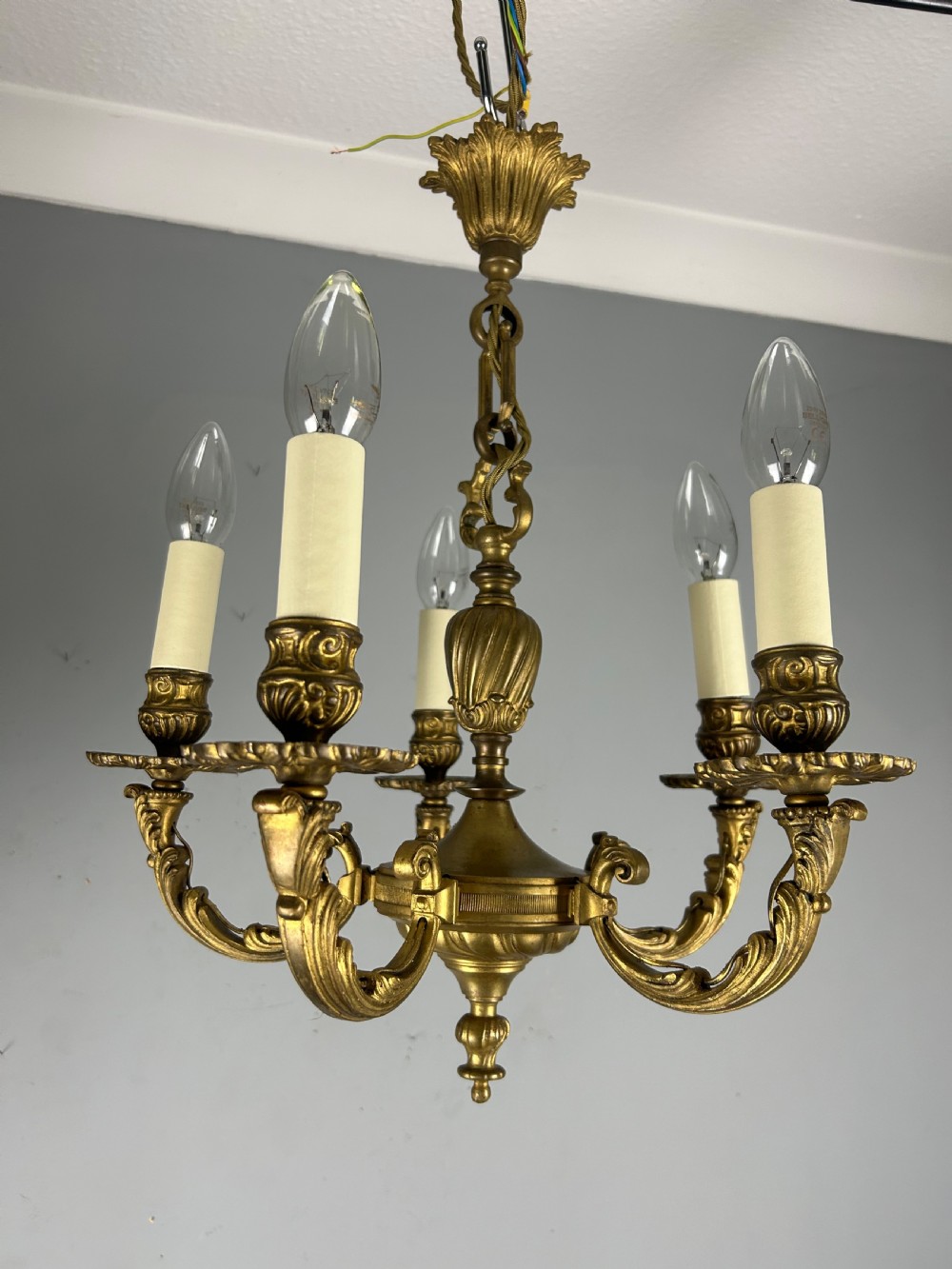 French Gilt Brass 5 Light Antique Chandelier  View VI