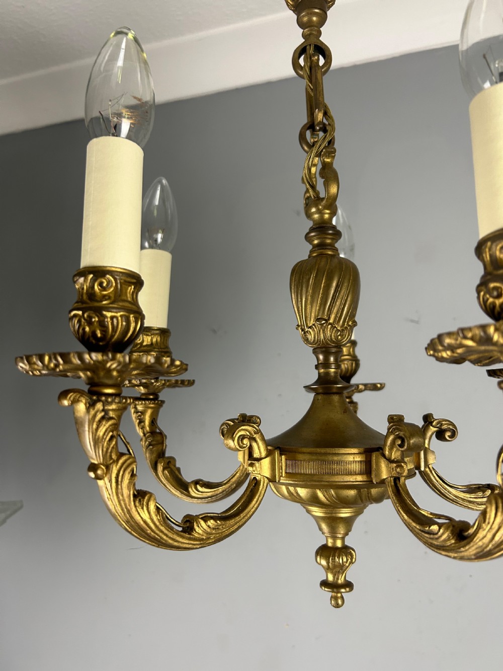 French Gilt Brass 5 Light Antique Chandelier  View IX