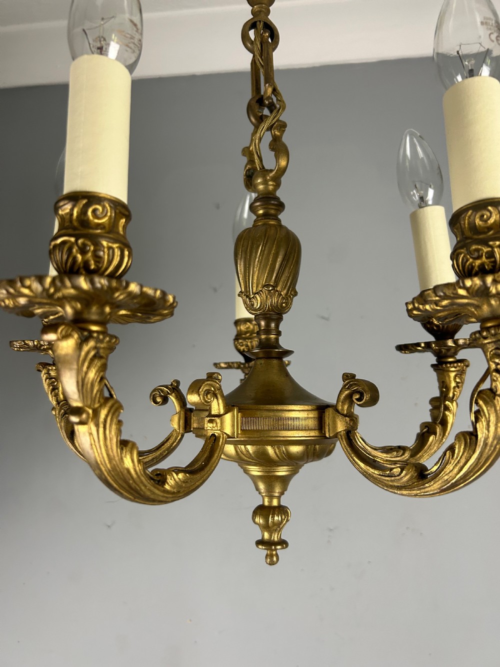 French Gilt Brass 5 Light Antique Chandelier  View X