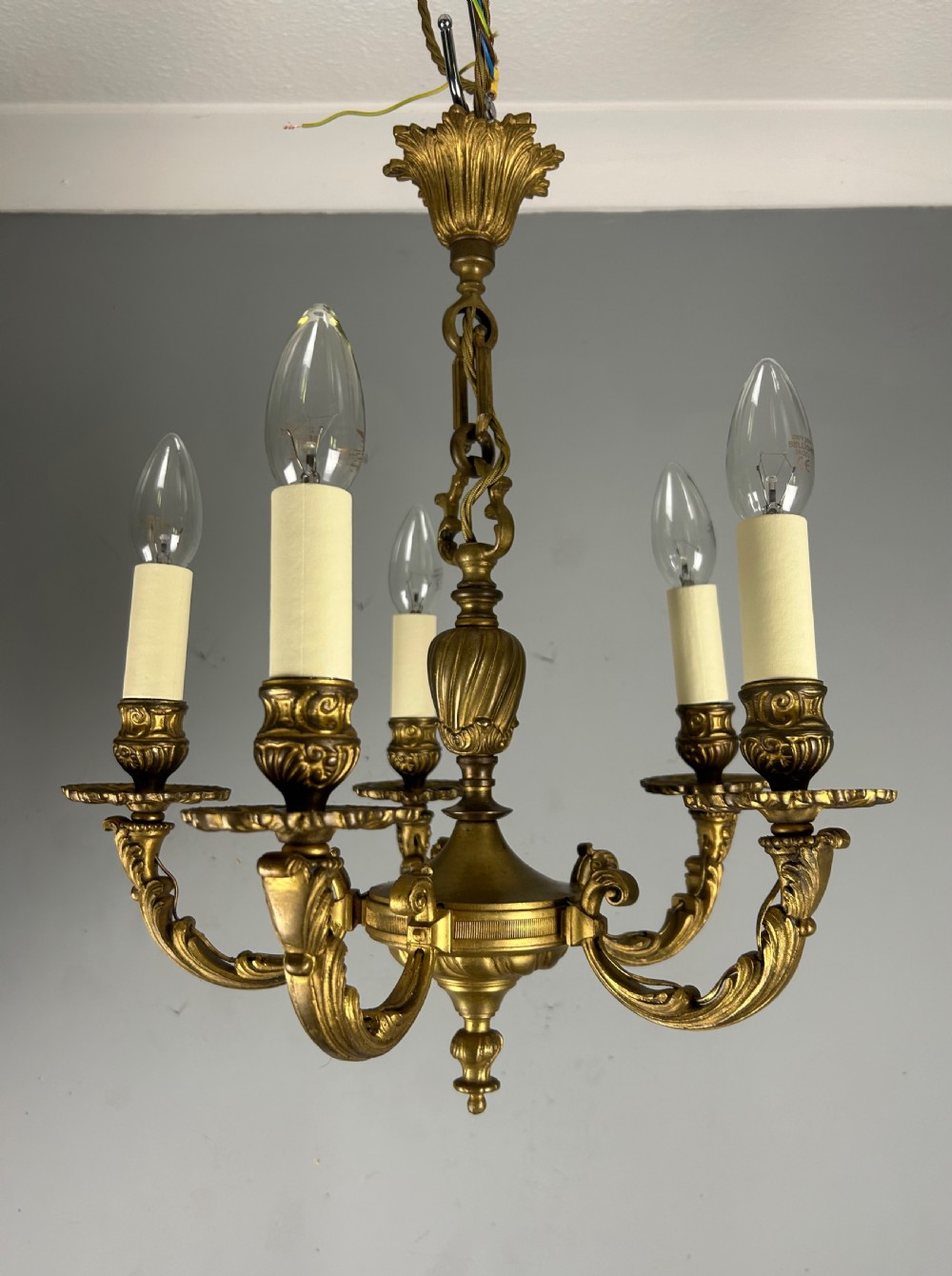 French Gilt Brass 5 Light Antique Chandelier  View XI