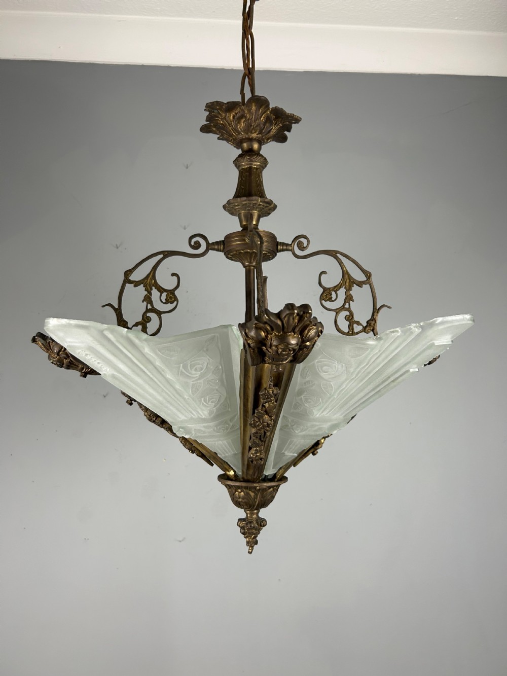 Large French Bronze Art Deco 4 Light Chandelier 
