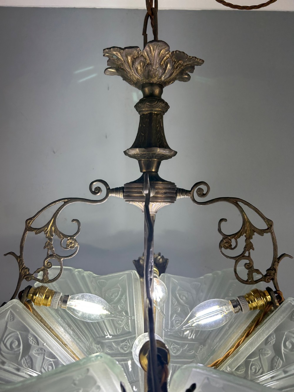 Large French Bronze Art Deco 4 Light Chandelier  View II