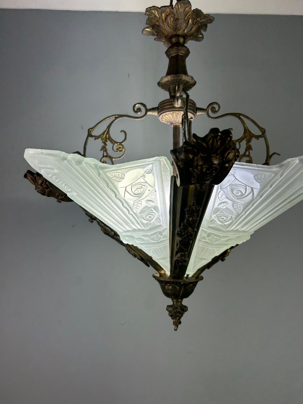 Large French Bronze Art Deco 4 Light Chandelier  View III