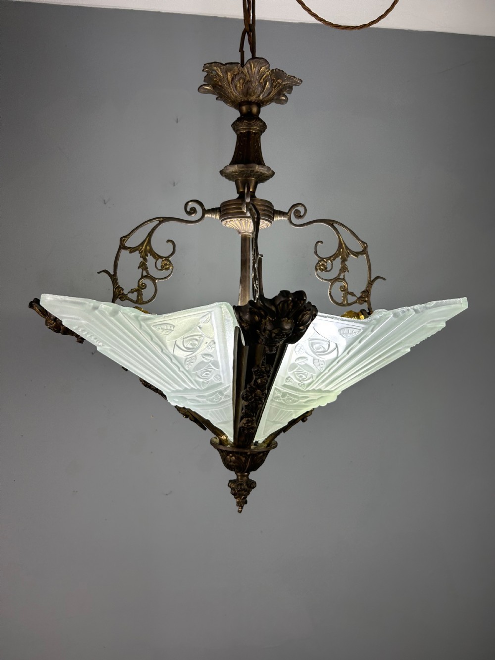 Large French Bronze Art Deco 4 Light Chandelier  View IV