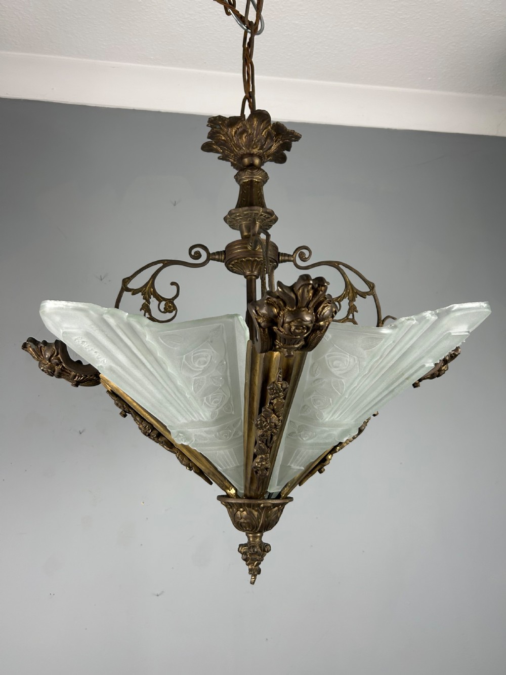 Large French Bronze Art Deco 4 Light Chandelier  View V
