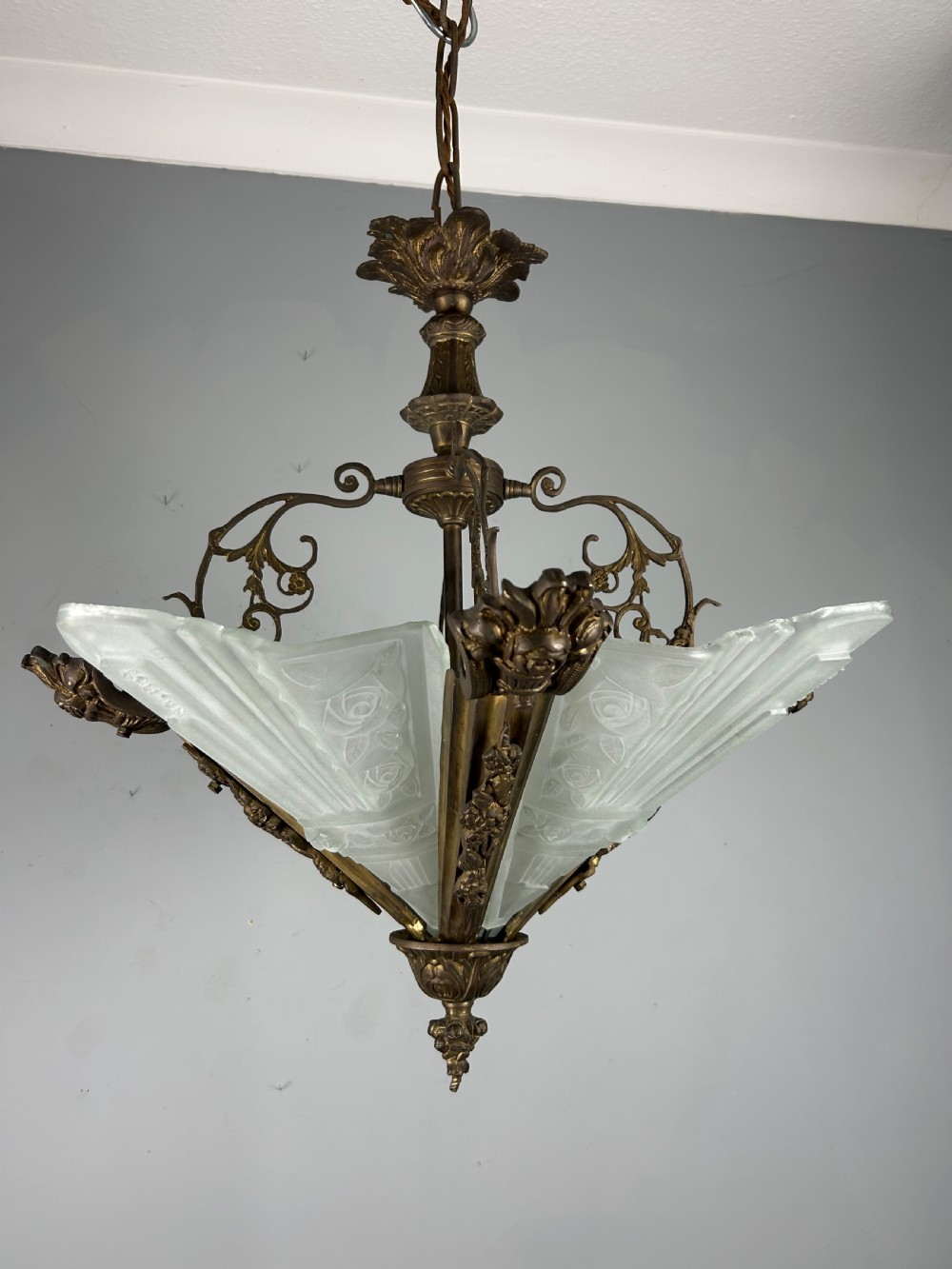 Large French Bronze Art Deco 4 Light Chandelier  View VI