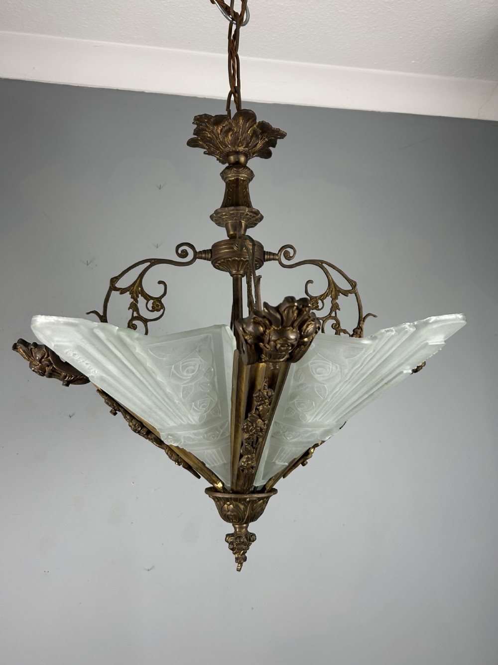 Large French Bronze Art Deco 4 Light Chandelier  View VII